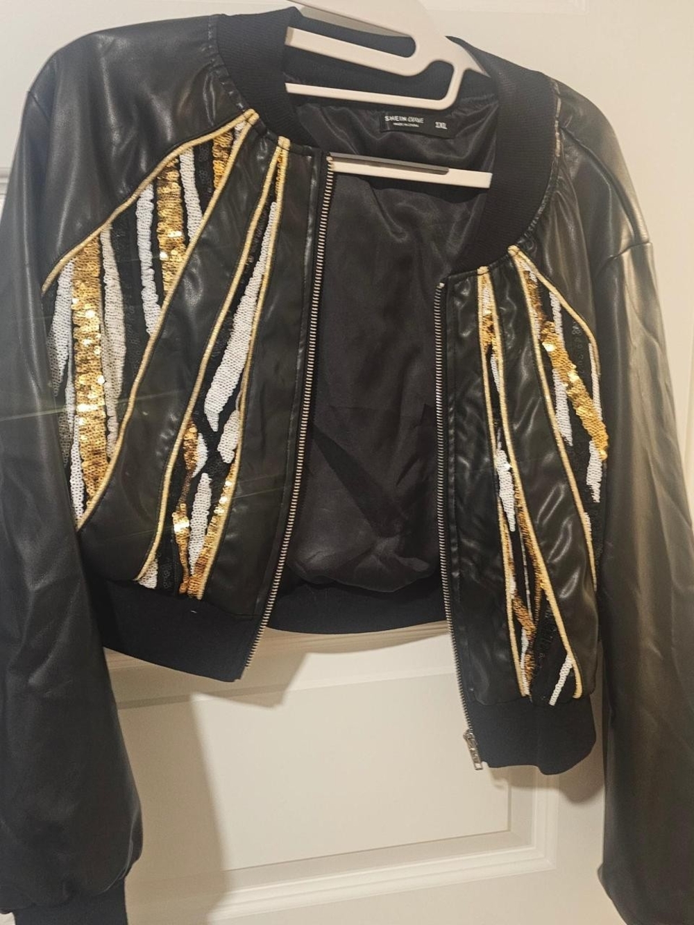 SHEIN Black Bomber Jacket with Gold & White Sequin Stripes
